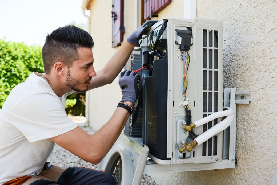 A man working on an air conditioner outside.